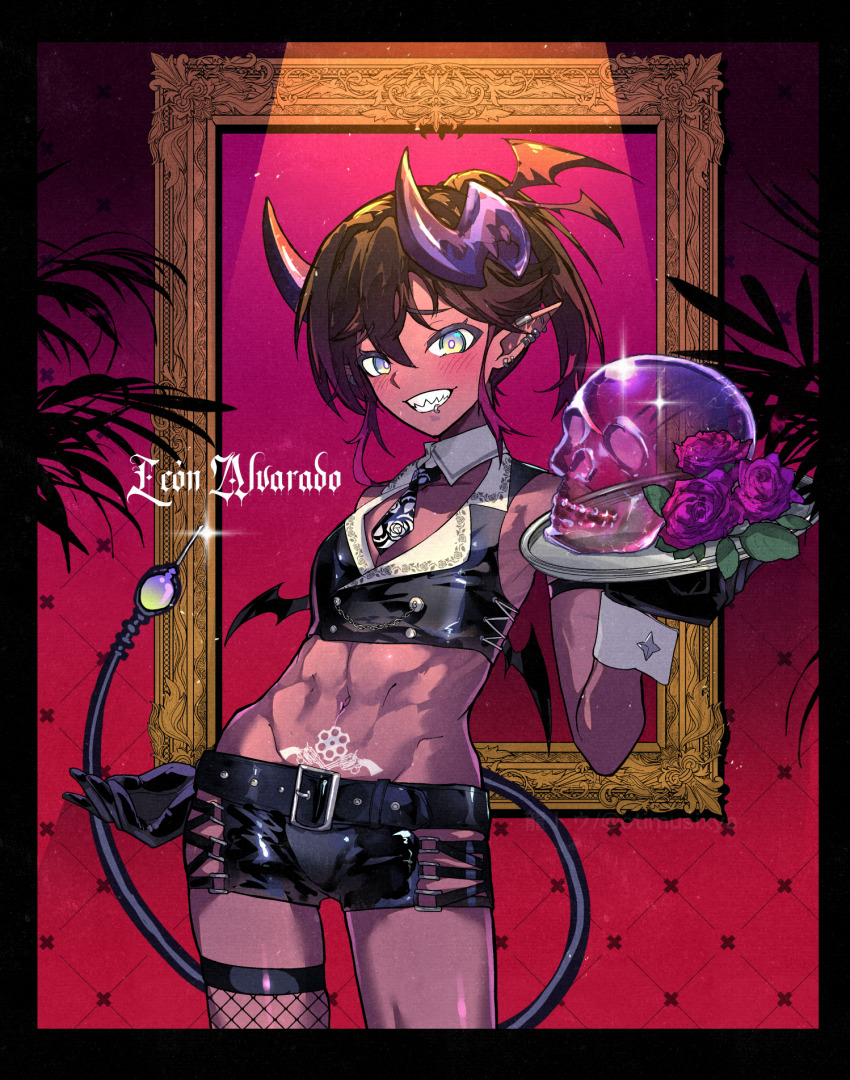 1boy, abs, aqua_eyes, belt, black_gloves, black_necktie, brown_hair, colored_skin