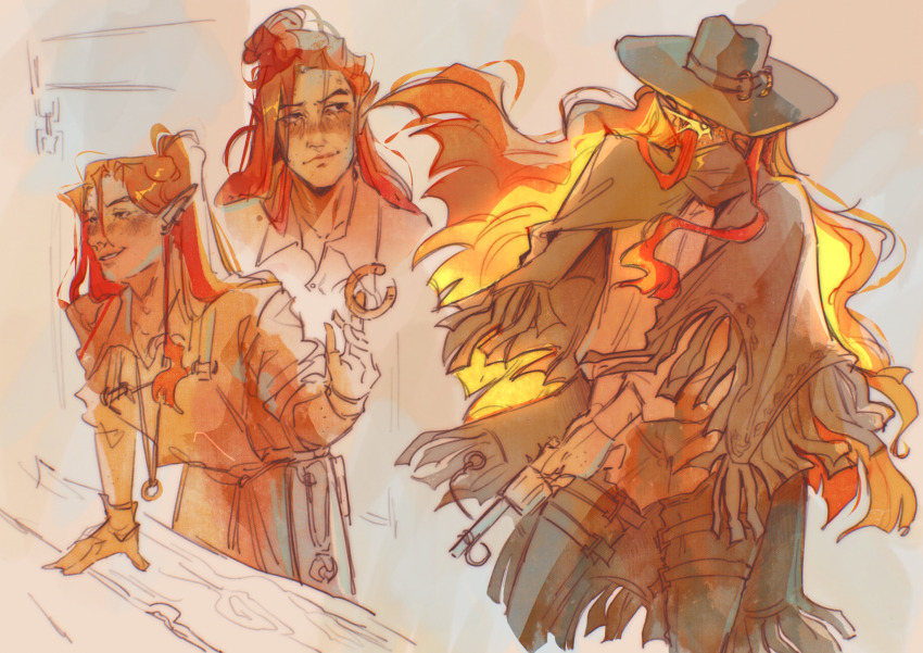 1boy, alternate_universe, apron, blonde_hair, brown_eyes, brown_pants, brown_poncho, collared_shirt