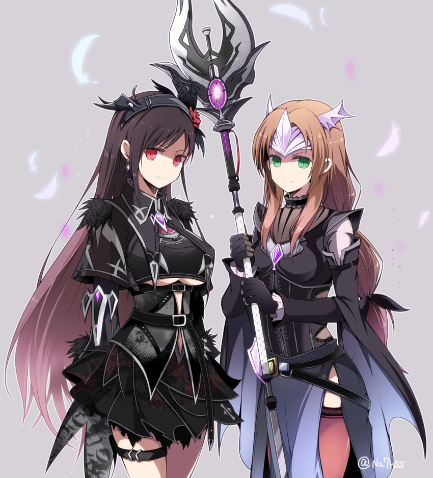 2girls, aerith_gainsborough, aerith_gainsborough_(bahamut_robe), black_hair, breasts, brown_hair, brown_thighhighs, cowboy_shot