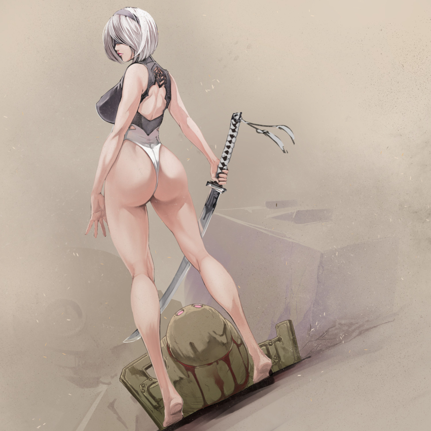 1girl, 2b_(nier:automata), ass, black_hairband, blindfold, closed_mouth, clothing_cutout, from_behind, hair_over_one_eye, hairband, highres, huge_ass, legs, leotard, misaki_yukihiro, nier:automata, nier_(series), short_hair, square_enix, sword, tagme, thong_leotard, view_between_legs, weapon, white_hair