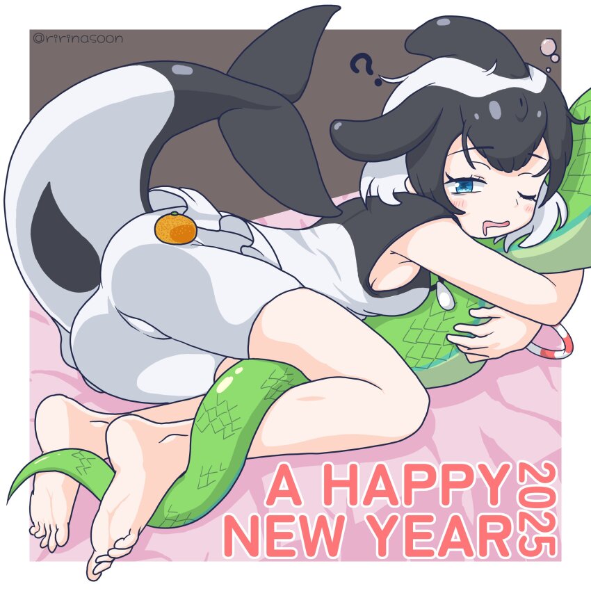 1girl, ?, absurdres, barefoot, black_hair, black_one-piece_swimsuit, blowhole, blue_eyes