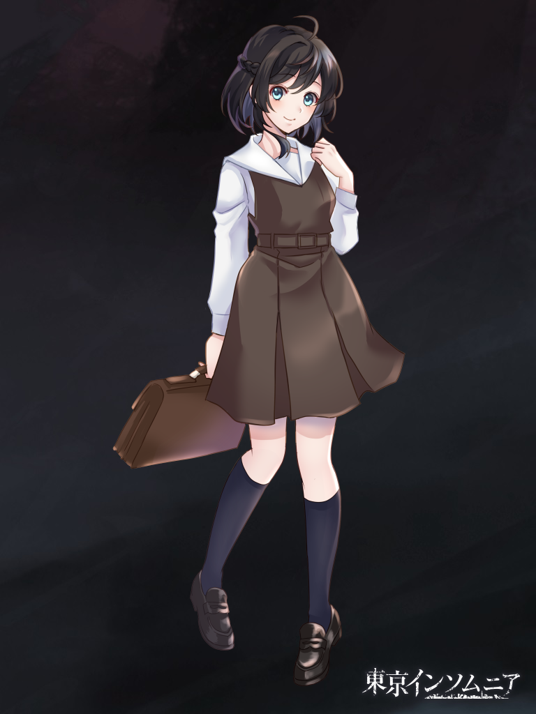 1girl, bag, black_background, black_hair, black_shoes, black_socks, blue_eyes, braid, brown_skirt, copyright_name, full_body, handbag, hisayo_pic, kneehighs, loafers, long_sleeves, medium_hair, shoes, skirt, smile, socks, solo, standing, tokyo_insomnia