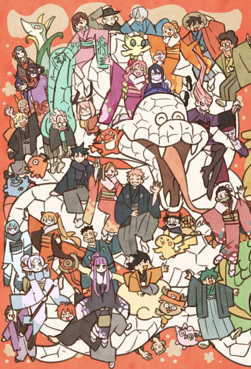 6+boys, 6+girls, ^_^, acrobatic_silky_(dandadan), agatsuma_zenitsu, alternate_form, anya_(spy_x_family), ayanami_rei, ayase_momo, beard_stubble, boku_no_hero_academia, boots, celebi, chainsaw_man, character_request, choso_(jujutsu_kaisen), closed_eyes, commentary_request, copyright_request, crossover, dandadan, denji_(chainsaw_man), dragon_ball, earrings, facial_hair, fern_(sousou_no_frieren), frieren, fur-trimmed_kimono, fur_trim, fushiguro_megumi, gen_1_pokemon, gen_2_pokemon, gen_5_pokemon, glasses, goatee, green_hair, green_kimono, hair_between_eyes, half_updo, hat, hayakawa_aki, heart, heart-shaped_eyes, highres, holding, holding_staff, iguro_obanai, ikari_shinji, itadori_yuji, japanese_clothes, jewelry, jigglypuff, jinbe_(one_piece), kaburamaru, kamado_nezuko, kanroji_mitsuri, kimetsu_no_yaiba, kimono, kugisaki_nobara, legendary_pokemon, looking_at_another, midoriya_izuku, monkey_d._luffy, monster_strike, multiple_boys, multiple_crossover, multiple_girls, mythical_pokemon, nami_(one_piece), neon_genesis_evangelion, nintendo, obi, one_piece, open_mouth, orange_background, orange_kimono, pikachu, pink_hair, pochita_(chainsaw_man), pokemon, pokemon_(creature), ponytail, power_(chainsaw_man), red_smydra, reze_(chainsaw_man), roronoa_zoro, sash, scar, scar_on_face, scarf, serperior, shiratori_aira_(dandadan), smile, snake, son_goku, souryuu_asuka_langley, sousou_no_frieren, spy_x_family, staff, stark_(sousou_no_frieren), straw_hat, stubble, takakura_ken_(dandadan), takakura_ken_(transformed)_(dandadan), takeuchi_ryousuke, thigh_boots, tongue, tongue_out, twilight_(spy_x_family), twintails, usopp, v, waving, wide_sleeves, yor_briar