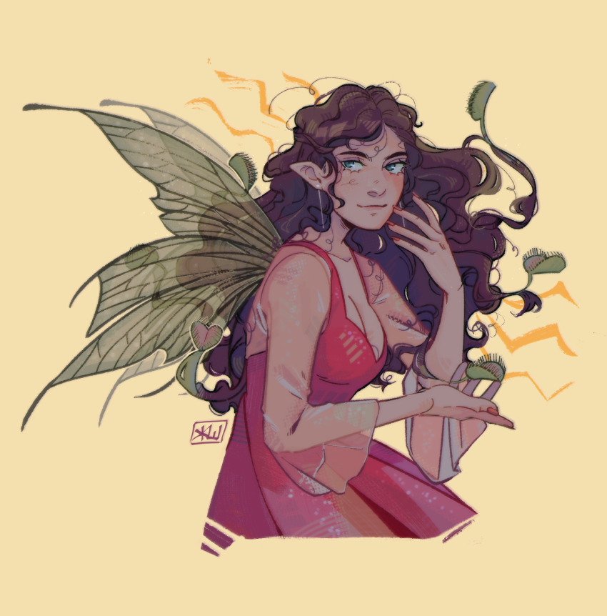 1girl, bell_sleeves, breasts, brown_hair, cleavage, closed_mouth, commentary, cowboy_shot