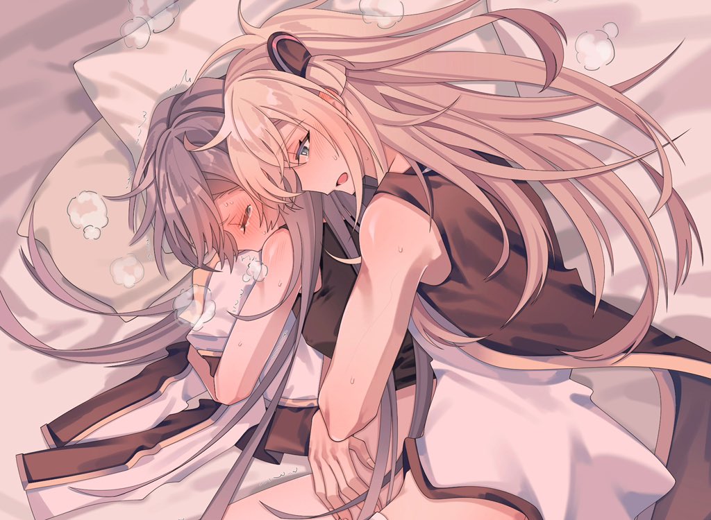 2girls, blonde_hair, blush, breath, closed_mouth, duel_monster, emptyayya, grey_hair