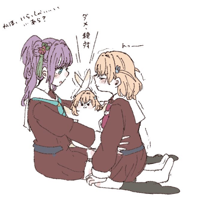 2girls, animalization, aqua_neckerchief, black_socks, blush, brown_dress, closed_eyes, crossed_bangs, crossed_ears, dress, dual_persona, flower, full_body, green_eyes, hair_bun, hair_flower, hair_ornament, hasu_no_sora_school_uniform, hinoshita_kaho, link!_like!_love_live!, long_hair, long_sleeves, love_live!, medium_dress, medium_hair, mochi_(mamelive228), multiple_girls, neckerchief, open_mouth, orange_hair, otomune_kozue, pleated_dress, profile, purple_hair, rabbit, rabbit_hair_ornament, red_flower, red_neckerchief, sailor_collar, sailor_dress, school_uniform, side_ponytail, sidelocks, simple_background, single_side_bun, sitting, socks, tassel, tassel_hair_ornament, translation_request, trembling, two_side_up, virtual_youtuber, white_background, white_sailor_collar, white_socks, winter_uniform, yuri