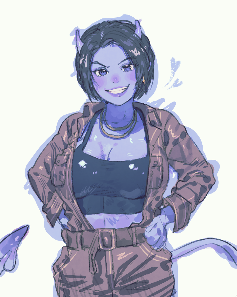 1girl, black_hair, blue_eyes, blue_skin, breasts, chain, chain_necklace, cleavage, colored_skin, demon_horns, demon_tail, gold_chain, grin, hands_on_own_hips, horns, jewelry, jumpsuit, karako_(osomatsu-san), necklace, ningenis_kuso, official_alternate_design, open_jumpsuit, osomatsu-san:_hesokuri_wars, osomatsu_(series), short_hair, smile, sports_bra, tail, white_background