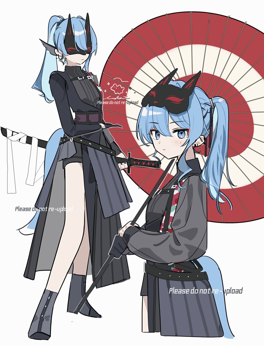 absurdres, black_dress, black_ribbon, black_shorts, blue_eyes, blue_hair, closed_mouth, collared_dress, dress, expressionless, flat_chest, fox_mask, grey_footwear, hair_between_eyes, hair_ribbon, highres, holding, holding_sword, holding_weapon, hololive, hoshimachi_suisei, katana, long_hair, looking_at_viewer, mask, oil-paper_umbrella, ponytail, ribbon, scabbard, sheath, shorts, side_slit, simple_background, sword, tai_inukai, umbrella, virtual_youtuber, weapon, white_background