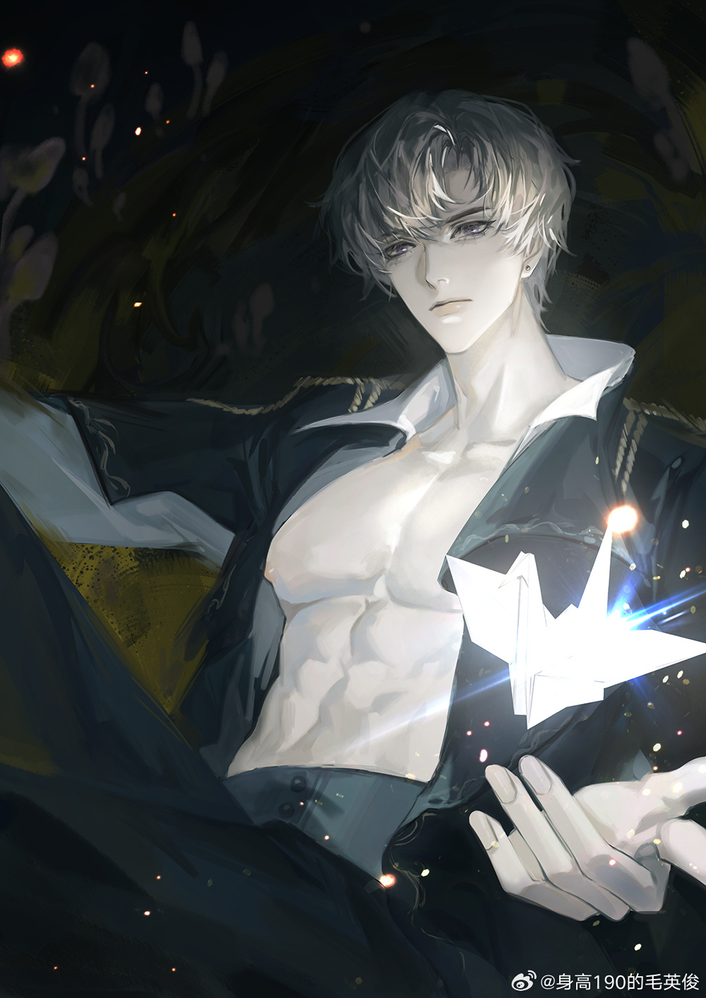 1boy, abs, black_background, black_jacket, black_pants, closed_mouth, collarbone, collared_jacket, collared_shirt, cowboy_shot, crossed_legs, expressionless, eyelashes, fingernails, giovanni_(infinity_nikki), grey_hair, high-waist_pants, highres, infinity_nikki, jacket, light_frown, light_particles, lips, long_sleeves, looking_at_viewer, male_focus, nikki_(series), nipples, object_floating_above_hand, open_clothes, open_jacket, open_shirt, origami, outstretched_hand, pale_skin, pants, paper_crane, pectorals, purple_eyes, shengao_190_de_mao_yingjun, shirt, short_hair, sitting, solo, thick_eyebrows, watermark, weibo_watermark, white_shirt