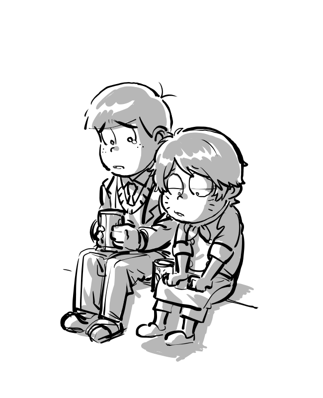 2boys, aged_down, alternate_hair_length, alternate_hairstyle, apron, ascot, chef, chibita