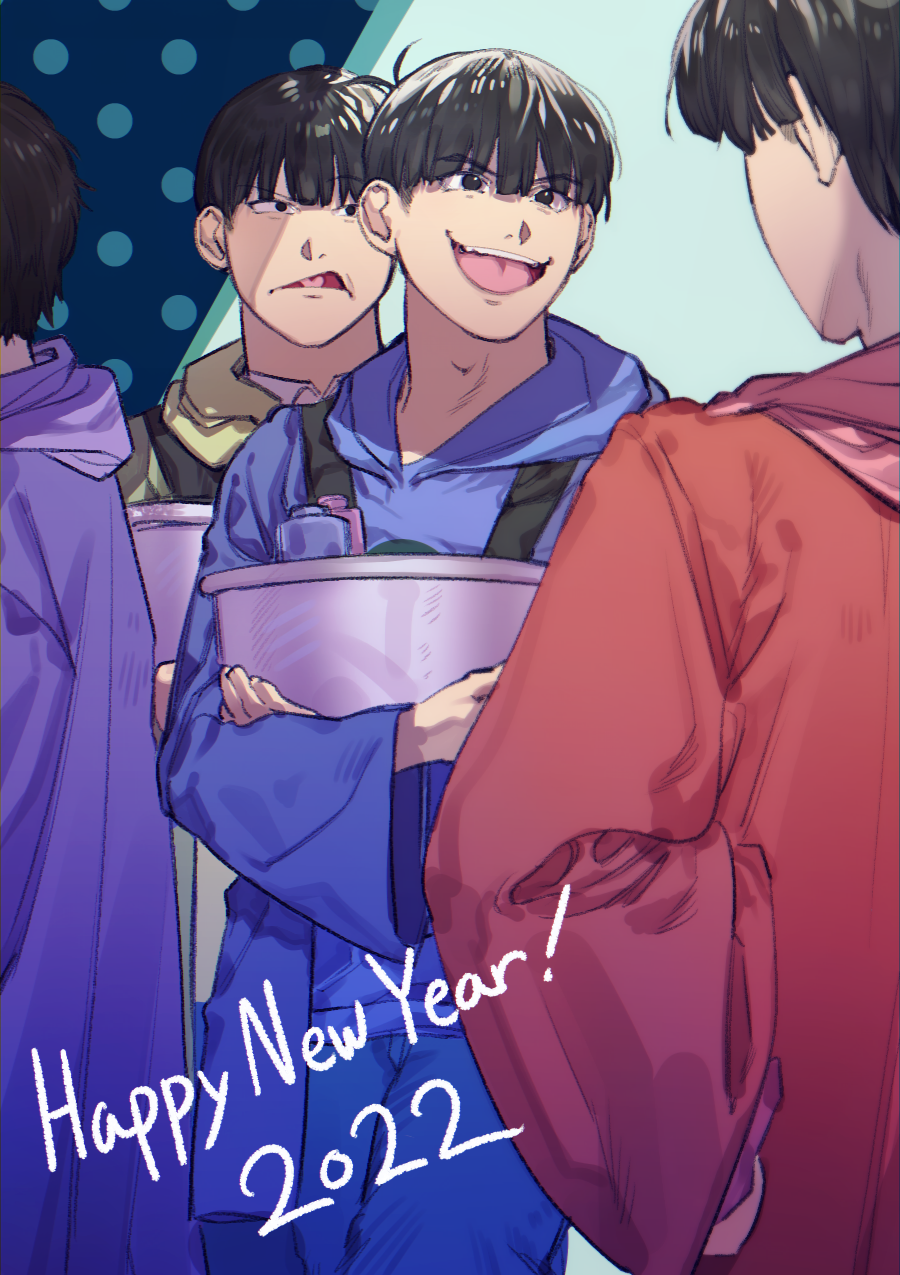 2022, 4boys, black_eyes, black_hair, blunt_bangs, bowl_cut, brothers, disgust, from_side, frown, happy, happy_new_year, highres, in_container, looking_at_another, male_focus, matsuno_choromatsu, matsuno_ichimatsu, matsuno_karamatsu, matsuno_osomatsu, multiple_boys, new_year, ningenis_kuso, open_mouth, osomatsu-san, osomatsu_(series), siblings, smile, soap_bottle