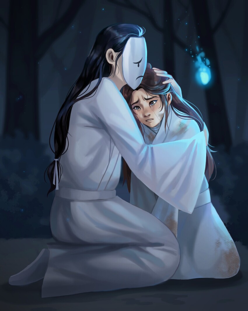 2boys, bai_wuxiang, black_hair, blue_fire, blue_light, brown_eyes, brown_hair, chinese_clothes, commentary, crying, crying_with_eyes_open, dirty, dirty_clothes, dirty_face, english_commentary, facial_mark, fire, forest, frown, furrowed_brow, ghost, glowing, hair_bun, hair_ribbon, hand_on_another's_head, hanfu, head_on_chest, height_difference, highres, hua_cheng, hug, kneeling, long_hair, long_sleeves, mask, multiple_boys, nature, night, on_ground, open_mouth, outdoors, parted_bangs, ribbon, robe, single_hair_bun, streaming_tears, tadpole_art, teardrop_facial_mark, tears, tianguan_cifu, very_long_hair, white_hanfu, white_mask, white_ribbon, white_robe, wide_sleeves, xie_lian