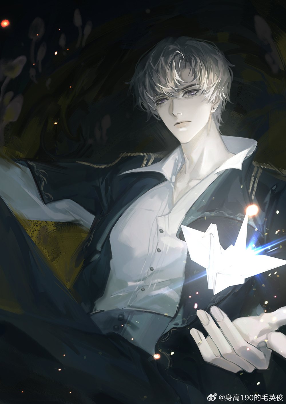 1boy, black_background, black_jacket, black_pants, buttons, closed_mouth, collarbone, collared_jacket