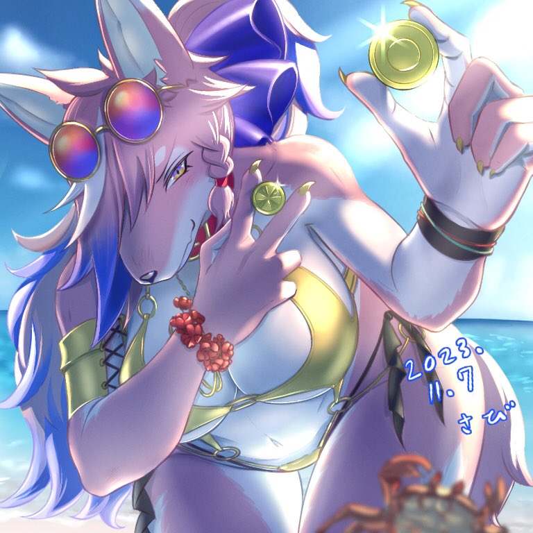 1girl, animal_collar, animal_ears, animal_nose, arm_up, artist_name, bangle, bare_shoulders, beach, between_fingers, blue_hair, blue_sky, blurry, blurry_foreground, body_fur, bracelet, breasts, cleavage, closed_mouth, cloud, coin, collar, cowboy_shot, crab, cross-laced_clothes, cross-laced_sleeves, dated, day, detached_sleeves, eyewear_on_head, fang, female_focus, flower, flower_bracelet, fox_ears, fox_girl, fox_tail, furry, glint, hair_ribbon, hand_up, happy, holding, holding_coin, horizon, jewelry, large_breasts, leaning_forward, live_a_hero, long_hair, looking_at_viewer, mature_female, monokini, multicolored_eyes, multicolored_hair, navel, o-ring, ocean, orange-tinted_eyewear, outdoors, pink_fur, pink_hair, purple-tinted_eyewear, purple_eyes, purple_ribbon, red_flower, ribbon, round_eyewear, sabita_kan, short_sleeves, signature, single_detached_sleeve, skin_fang, sky, smile, snout, solo, standing, stomach, sunglasses, sunlight, swimsuit, tail, thick_thighs, thighs, tinted_eyewear, two-tone_fur, v-shaped_eyebrows, white_fur, white_hair, wide_hips, yellow-framed_eyewear, yellow_eyes, yellow_sleeves, zania_(live_a_hero)