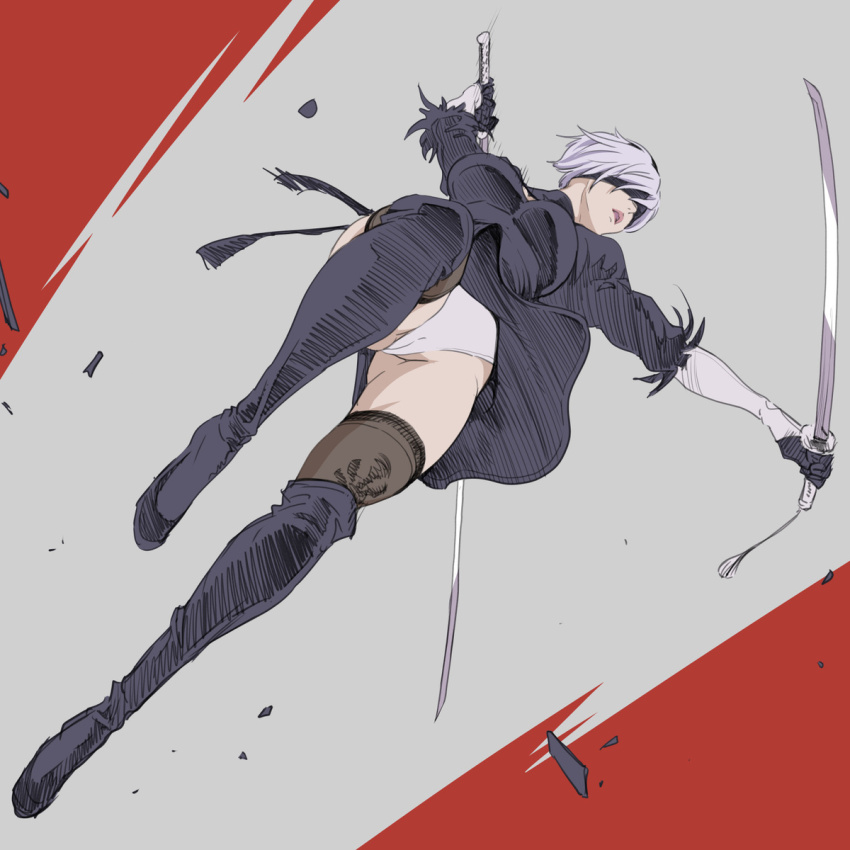 2b_(nier:automata), ass, black_hairband, blindfold, cameltoe, closed_mouth, clothes_lift, clothing_cutout