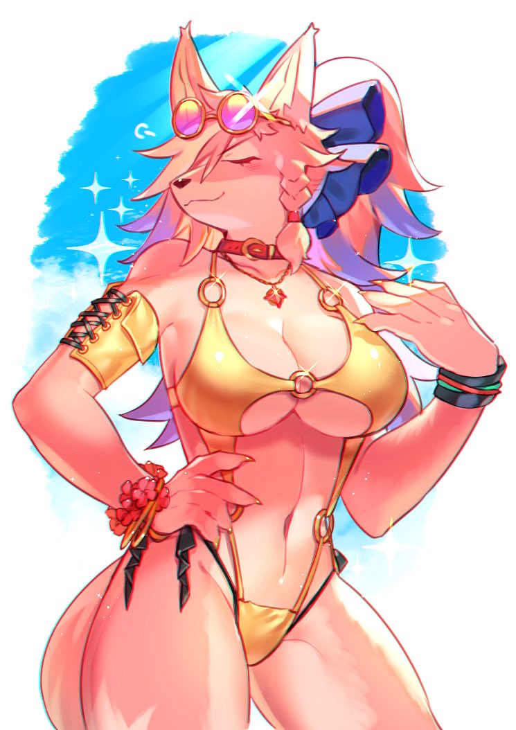 1girl, animal_collar, animal_ears, animal_nose, bangle, bare_shoulders, blue_background, blue_ribbon, blue_sky, blush, body_fur, bracelet, braid, breasts, chromatic_aberration, cleavage, closed_eyes, closed_mouth, cloud, collar, collarbone, cowboy_shot, cross-laced_clothes, cross-laced_sleeves, day, detached_sleeves, eyewear_on_head, female_focus, flower, flower_bracelet, fox_ears, fox_girl, fox_tail, glint, hair_over_one_eye, hair_ribbon, hair_tie, hand_on_own_hip, hand_up, happy, hozu_(hozumi), jewelry, large_breasts, light_blush, light_rays, live_a_hero, long_hair, mature_female, monokini, multicolored_hair, navel, necklace, o-ring, one_eye_covered, outdoors, pink_fur, pink_hair, ponytail, purple-tinted_eyewear, purple_hair, red_flower, ribbon, short_sleeves, single_braid, single_detached_sleeve, sky, smile, smug, snout, solo, sparkle, standing, stomach, sunlight, swimsuit, tail, thick_thighs, thighs, tinted_eyewear, two-tone_fur, u_u, underboob, v-shaped_eyebrows, white_fur, white_hair, yellow-framed_eyewear, yellow_sleeves, zania_(live_a_hero), furry