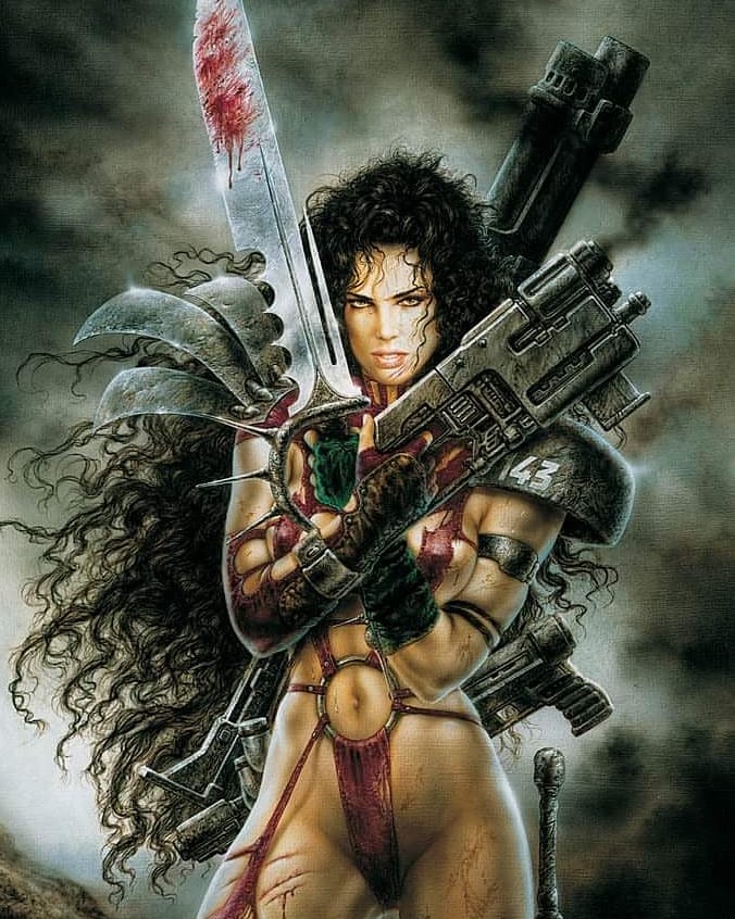 1girl, armband, back_holster, bare_hips, black_hair, blood, blood_splatter, bodysuit