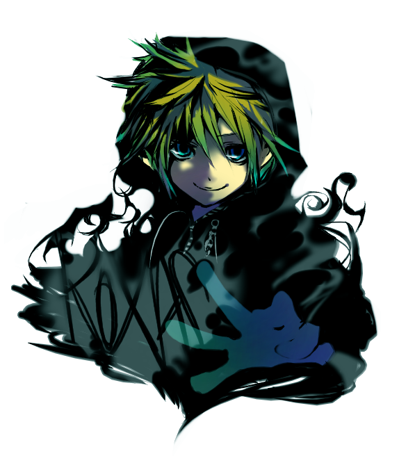 1boy, bad_id, bad_pixiv_id, black_coat_(kingdom_hearts), blonde_hair, blue_eyes, cloak, darkness