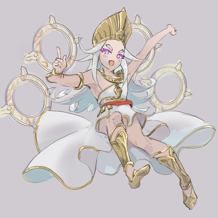 1girl, :d, arm_guards, armlet, armpits, belt, boots, breasts, bright_pupils, collarbone, colored_eyelashes, fang, final_fantasy, final_fantasy_xiv, floating, floating_hair, floating_object, full_body, genderswap, genderswap_(mtf), gold_armlet, gold_belt, gold_boots, gold_headwear, gold_necklace, gold_ring, gold_trim, golden_sash, grey_background, hair_floating_upwards, hat, highres, jewelry, knee_boots, long_eyelashes, long_hair, looking_at_viewer, looking_down, looking_to_the_side, m/, mitre, necklace, open_mouth, outstretched_arms, red_sash, rhalgr, sash, simple_background, single_bare_shoulder, skin_fang, small_breasts, smile, solo, teleporter, thick_eyebrows, thick_eyelashes, toga, v-shaped_eyebrows, white_eyes, white_hair, yokota_(bon'yari)