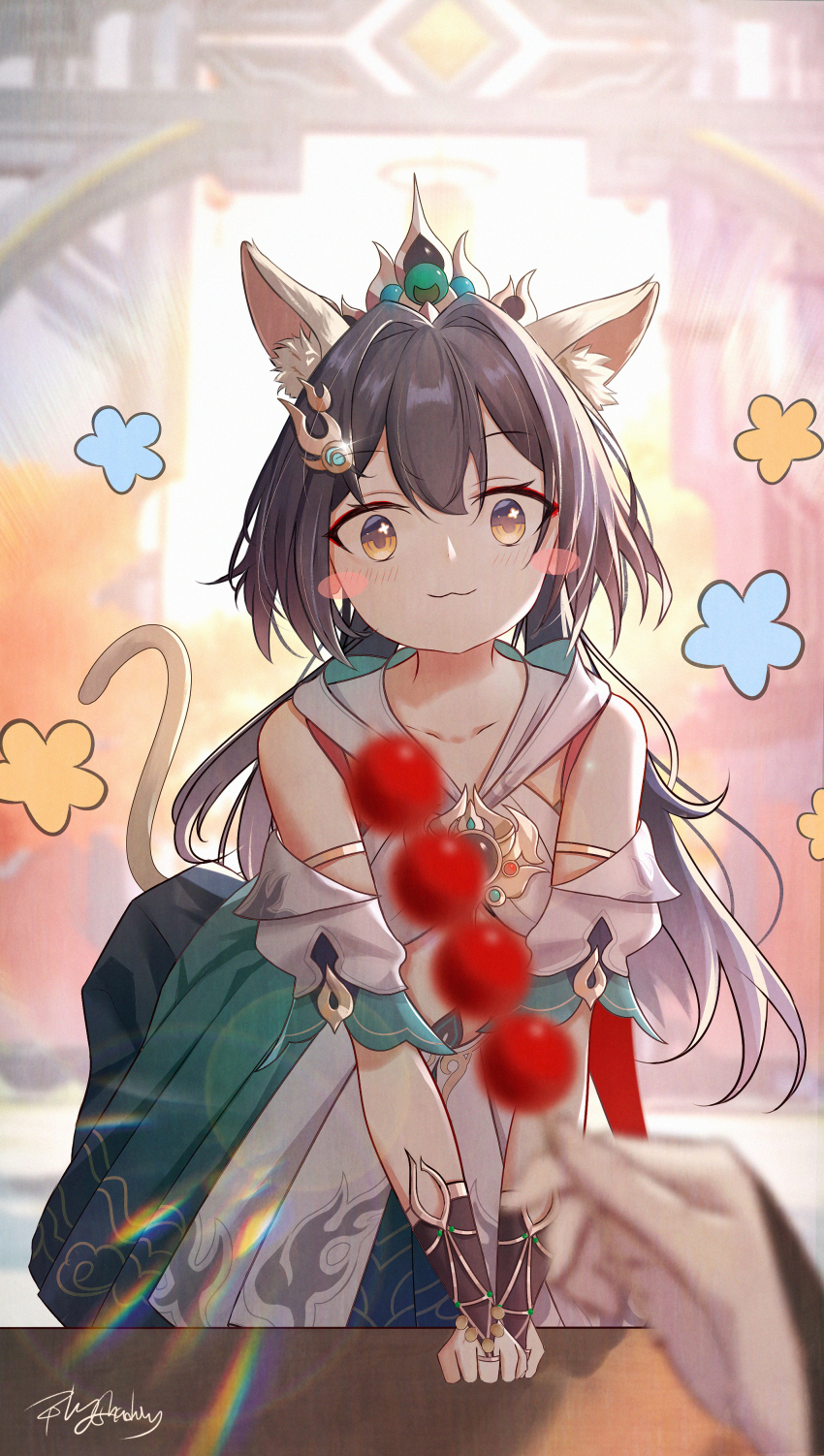 1boy, 1girl, :3, absurdres, animal_ear_fluff, animal_ears, armlet, black_hair, blurry, blurry_background, blurry_foreground, blush_stickers, bridal_gauntlets, cat_ears, cat_girl, cat_tail, clothing_cutout, collarbone, commentary, day, depth_of_field, detached_sleeves, double-parted_bangs, dress, english_commentary, engrish_commentary, flat_chest, flower_symbol, flyshadow, food, glint, hair_between_eyes, hair_intakes, hair_ornament, hairclip, headpiece, highres, holding, holding_food, honkai:_star_rail, honkai_(series), jewelry, jing_yuan, kemonomimi_mode, lens_flare, light_blush, loli, long_hair, looking_at_viewer, orange_eyes, pov, pov_hands, shanzha_(fruit), signature, sleeveless, sleeveless_dress, solo_focus, sparkling_eyes, stomach_cutout, tail, tanghulu, twintails, variant_set, white_dress, yunli_(honkai:_star_rail)
