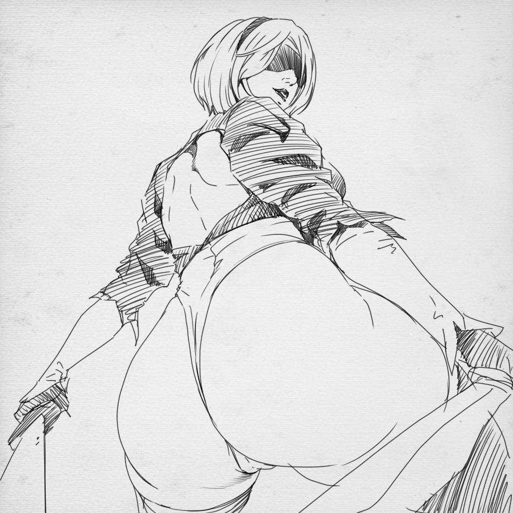 1girl, 2b_(nier:automata), ass, black_hairband, blindfold, breasts, cameltoe, closed_mouth, from_behind, from_below, grabbing_own_breast, hair_over_one_eye, hairband, high_heels, huge_ass, large_breasts, leotard, misaki_yukihiro, nier:automata, nier_(series), short_hair, solo, sword, tagme, thick_thighs, thighhighs, thighs, weapon, white_hair