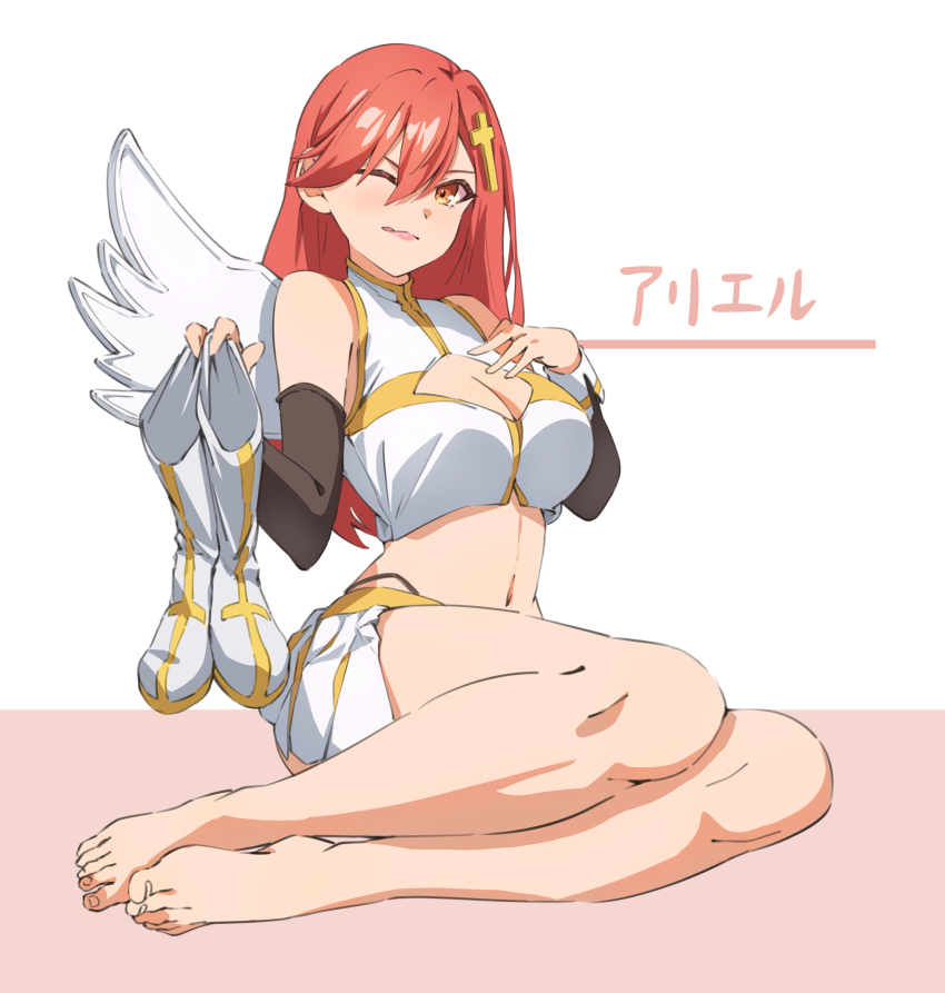 2.5_jigen_no_ririsa, :p, absurdres, angel_wings, ariel_(2.5_jigen_no_ririsa), barefoot, boots, breasts