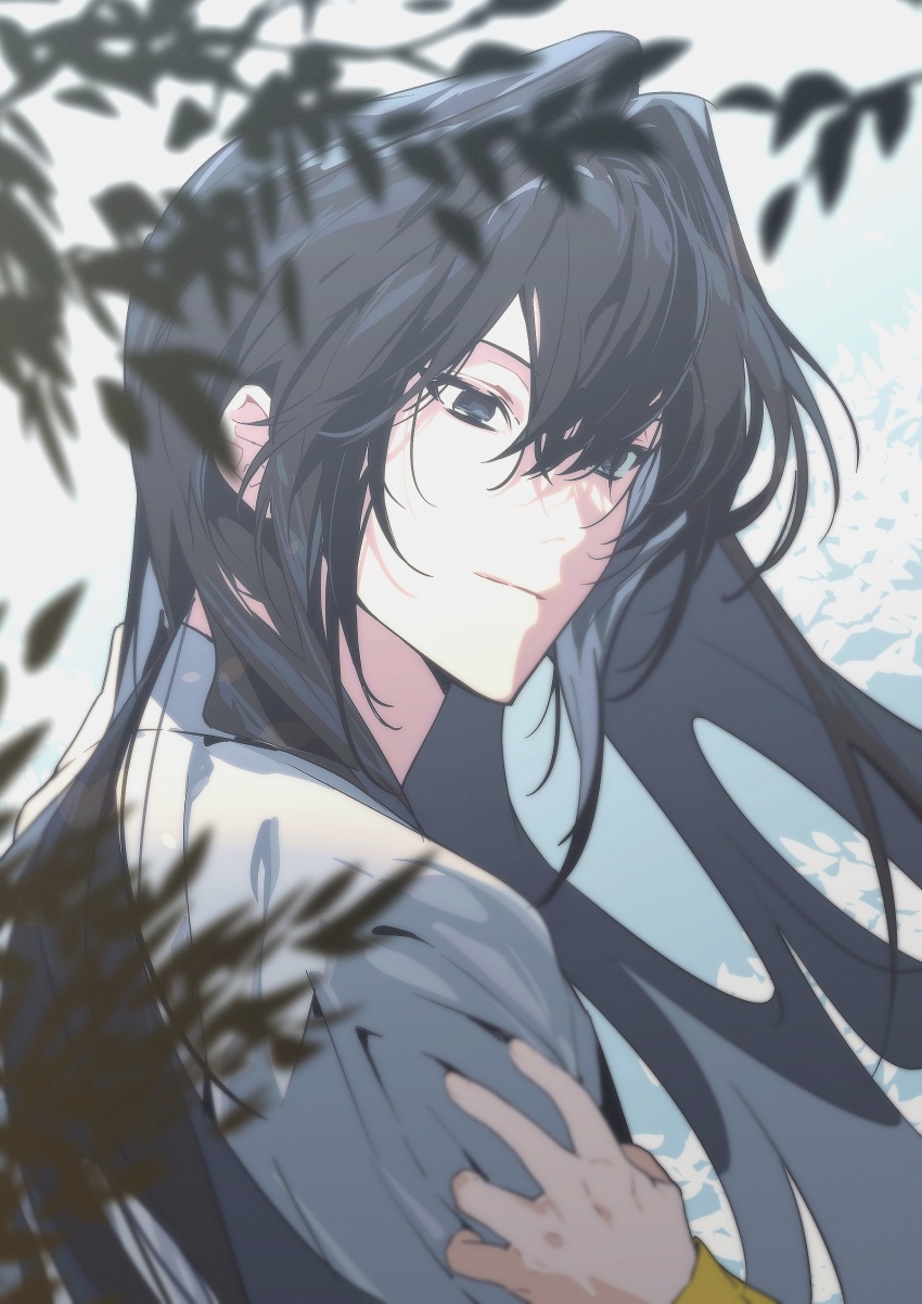 1boy, absurdres, black_hair, blurry, blurry_foreground, chinese_clothes, closed_mouth, clothes_grab