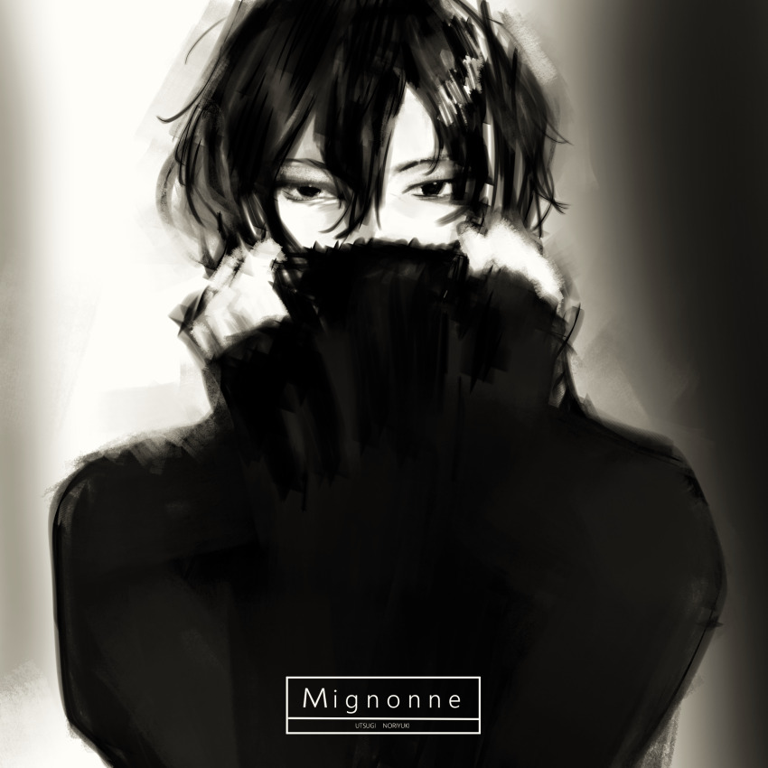 1boy, character_name, chinese_commentary, commentary_request, covered_mouth, covering_own_mouth, french_text, greyscale, hair_between_eyes, highres, long_bangs, long_sleeves, looking_at_viewer, male_focus, monochrome, naokotoysk, saibou_shinkyoku, short_hair, solo, sweater, translated, turtleneck, turtleneck_sweater, upper_body, utsugi_noriyuki