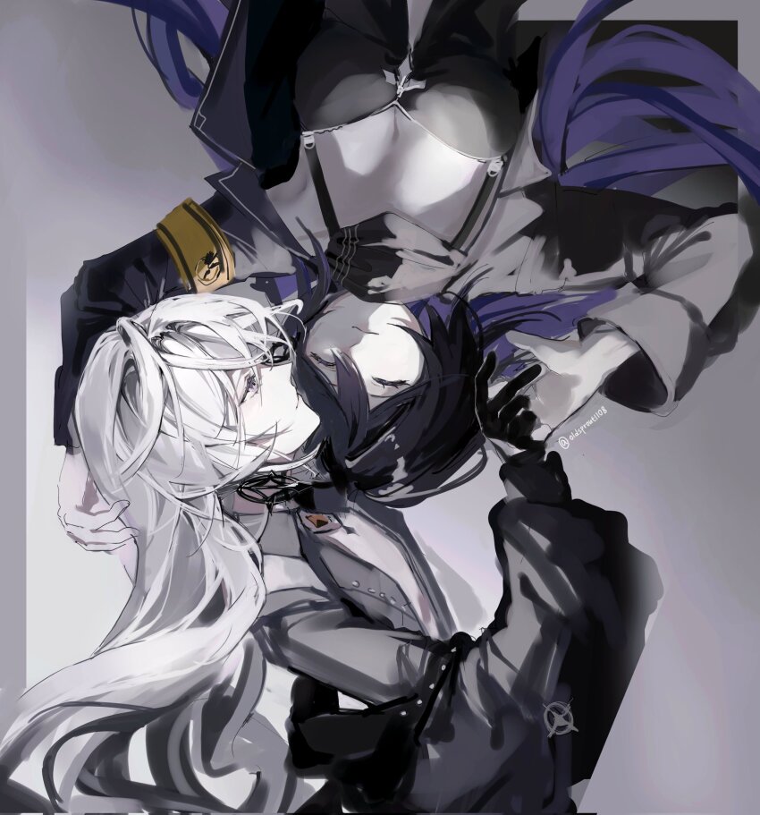 2girls, honkai_gakuen, black_gloves, black_hair, black_tank_top, blue_hair, blue_jacket, bronya_zaychik, commentary, corrupted_twitter_file, gloves, grey_hair, hashtag-only_commentary, highres, honkai_(series), jacket, long_hair, long_sleeves, multicolored_hair, multiple_girls, official_alternate_costume, oldsprout1108, seele_vollerei, tank_top, two-tone_hair, very_long_hair