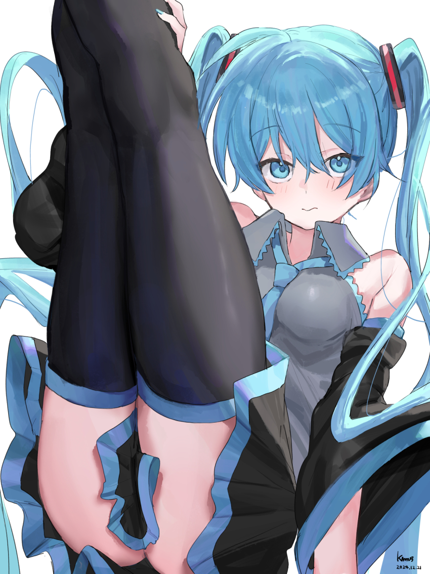 1girl, ass, black_sleeves, blue_eyes, blue_hair, blue_necktie, convenient_skirt, detached_sleeves