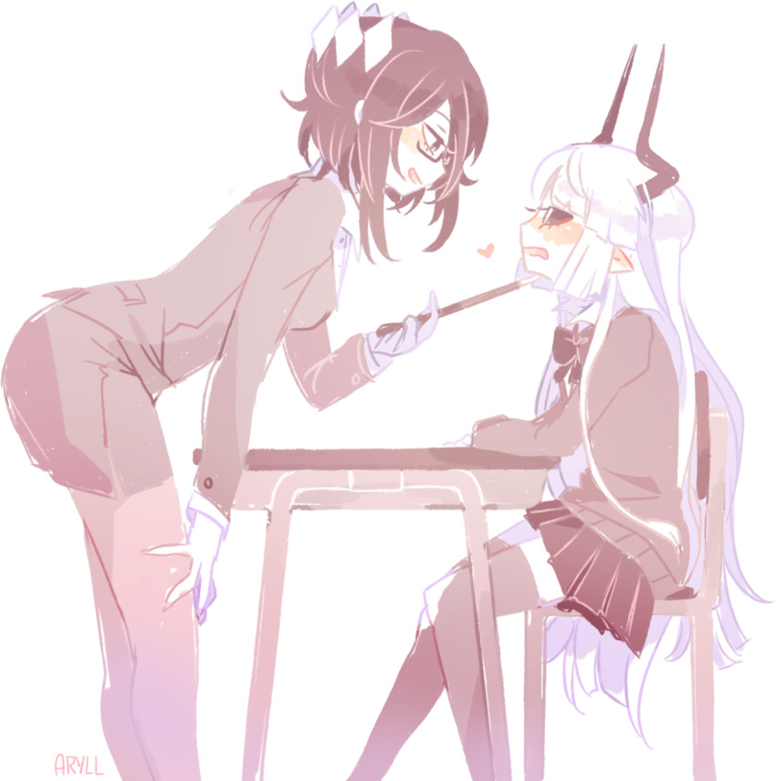 2girls, aryll_(marbles), bad_id, bad_tumblr_id, blush, commentary, demon_girl, demon_horns, english_commentary, etihw_(funamusea), formal_clothes, funamusea, genderswap, genderswap_(mtf), glasses, haiiro_teien, highres, horns, kcalb_(funamusea), long_hair, looking_at_another, medium_hair, multiple_girls, pantyhose, pink_theme, school_uniform, suit, teacher, teacher_and_student, very_long_hair, yuri