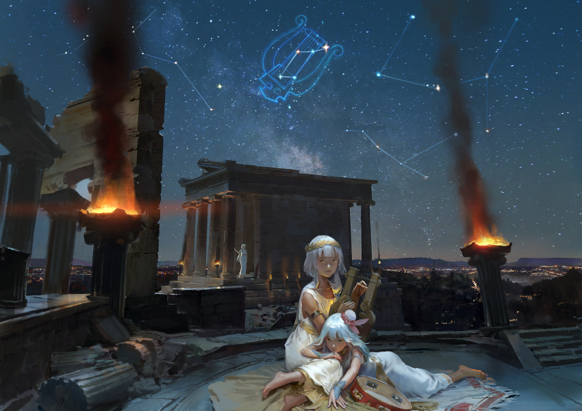 2girls, absurdres, animal_ears, barefoot, blue_hair, bracelet, closed_eyes, column