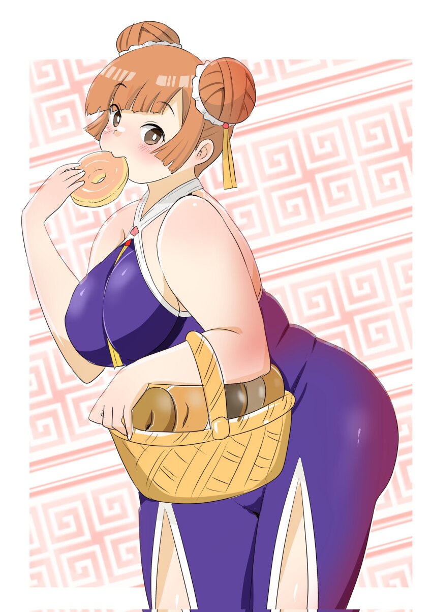 1girl, ass, bare_shoulders, basket, breasts, brown_eyes, brown_hair, donut