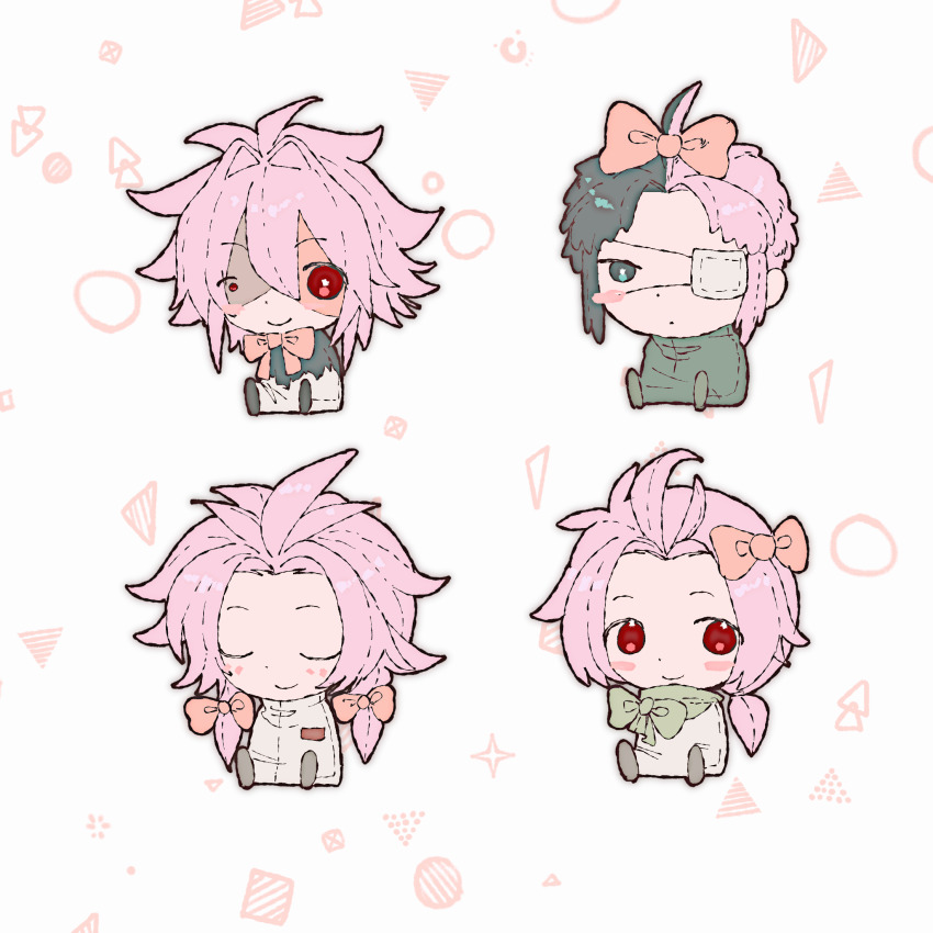 4boys, abstract_background, ahoge, black_capelet, black_eyes, black_hair, blush_stickers, bow