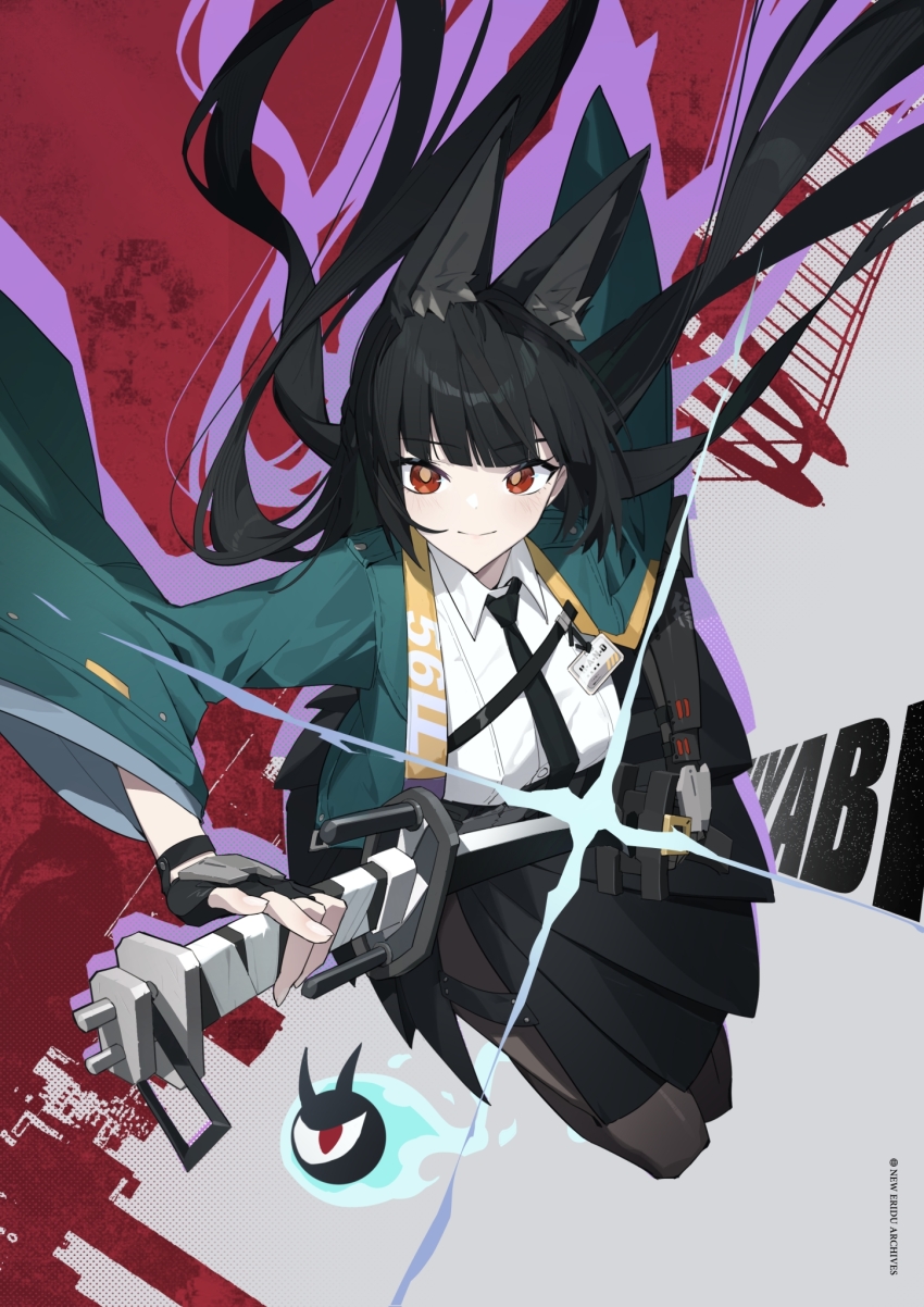 1girl, animal_ear_fluff, black_gloves, black_hair, black_necktie, black_skirt, blunt_bangs, closed_mouth