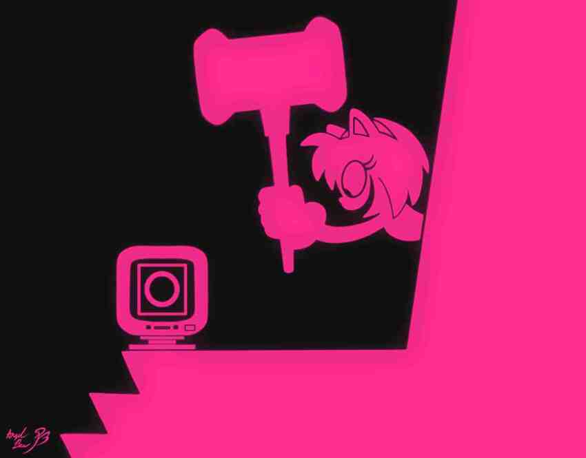 1girl, :d, amy_rose, angelbee623, animal_ears, animal_nose, black_background, commentary, english_commentary, furry, furry_female, hammer, hedgehog_girl, holding, holding_hammer, item_box_(sonic), jewelry, open_mouth, parody, pink_fur, pink_hair, ring, simple_background, smile, solo, sonic_(series), stairs, the_emperor's_new_groove