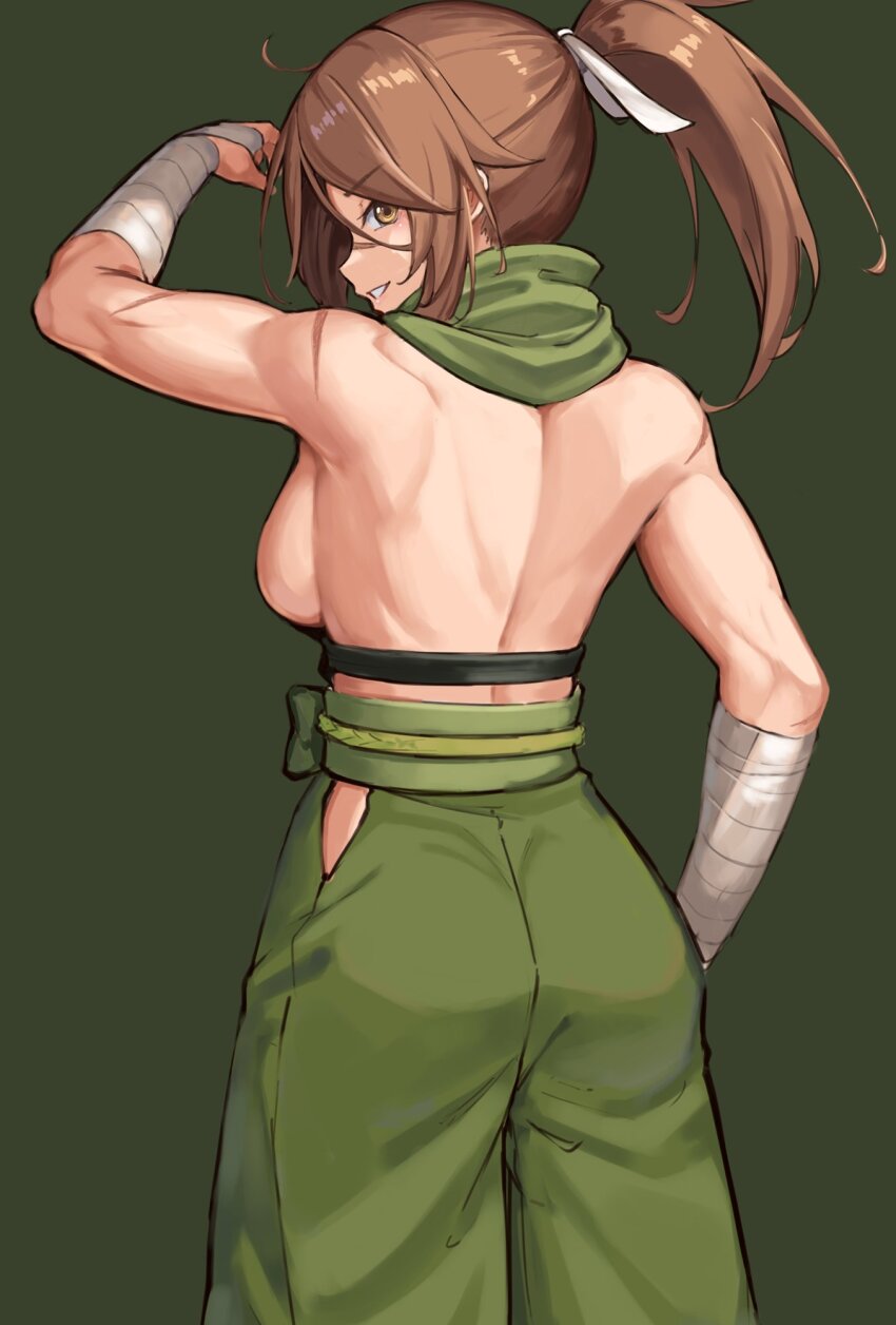 1girl, ahoge, ass, back, back_muscles, backboob, bandaged_arm, bandages