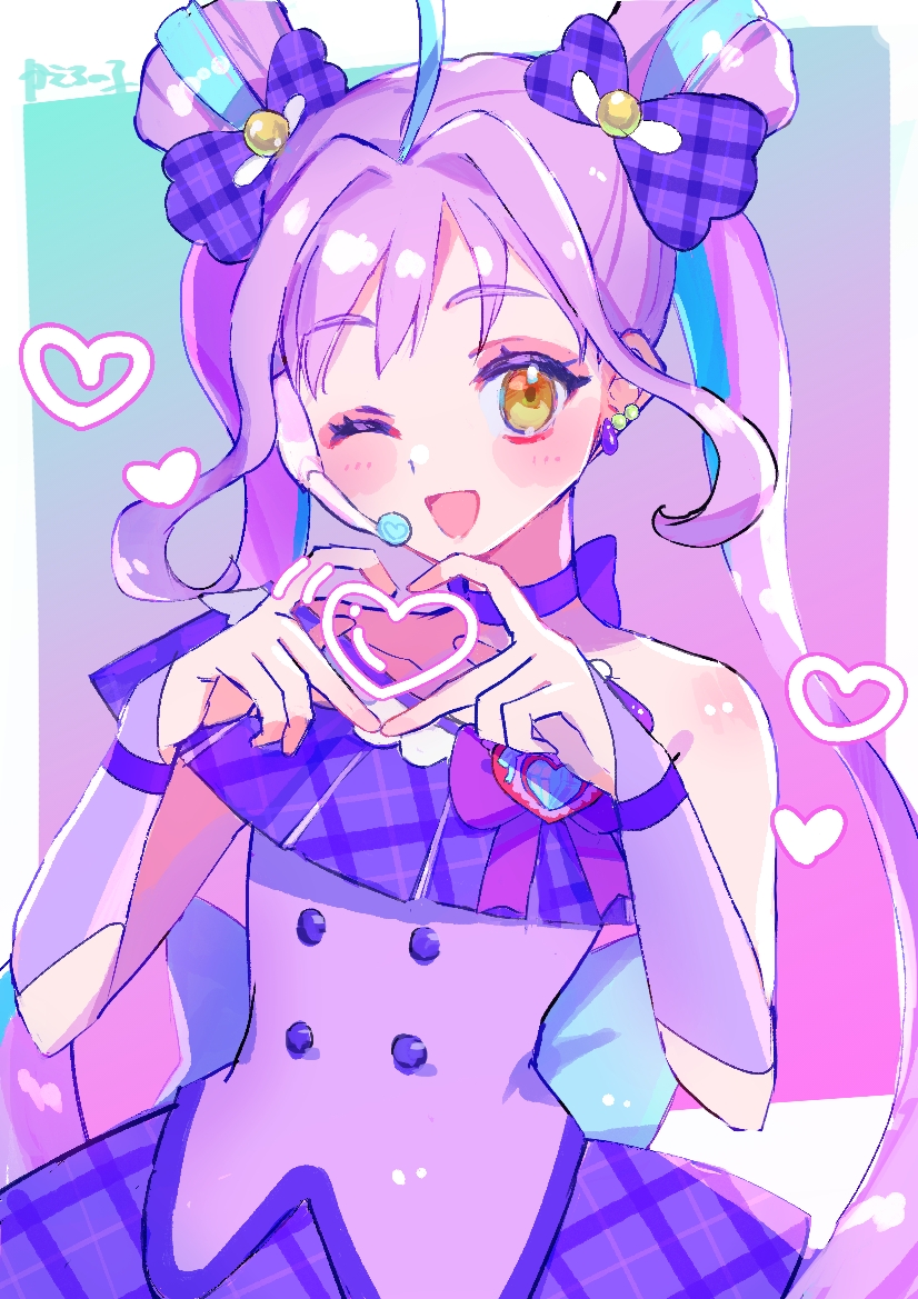 1girl, four-finger_heart_hands, :d, ahoge, blue_background, blue_bow, blue_hair, border, bow, bow_choker, buttons, choker, collarbone, cure_kyunkyun, double-breasted, double_bun, dress, earpiece, earrings, flat_chest, gradient_background, hair_bow, hair_bun, hair_intakes, hands_up, heart, heart_hands, kaeru_no_ko, kimi_to_idol_precure, magical_girl, multicolored_hair, one_eye_closed, open_mouth, plaid_bow, precure, purple_background, purple_bow, purple_choker, purple_dress, purple_hair, shigure_kokoro, sleeveless, sleeveless_dress, smile, solo, standing, teardrop_earrings, twintails, two-tone_hair, upper_body, white_border, yellow_eyes