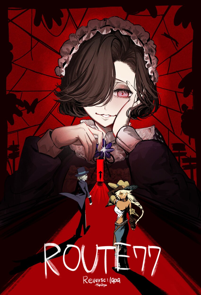 3girls, absurdres, argus_(reverse:1999), black_hair, blonde_hair, brown_sleeves, cowboy_hat, dark-skinned_female