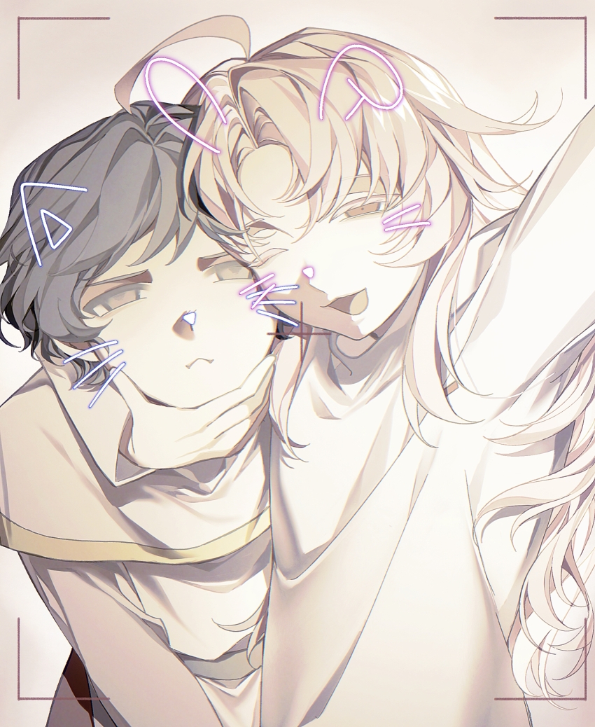 2boys, :<, ;3, absurdres, ahoge, animal_ears, belt, black_belt