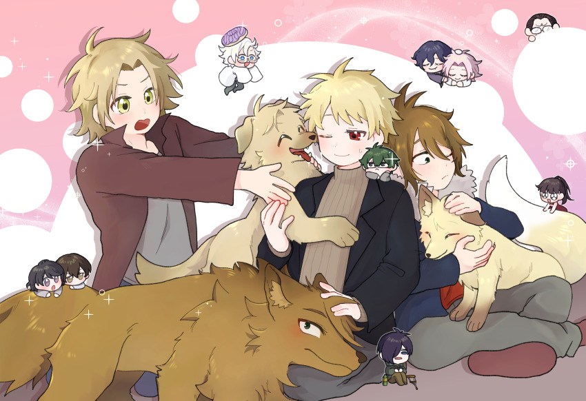 2girls, 6+boys, ;), ^_^, absurdres, aiba_ibuki, animalization, atou_haruki, black_hair, black_jacket, blonde_hair, blue_eyes, blue_hair, blue_jacket, brown_hair, brown_jacket, brown_pants, brown_sweater, chibi, chihare_(chihare_780), closed_eyes, closed_mouth, commentary_request, crutch, curtained_hair, dark_blue_hair, dog, donut, dress, food, fox, fur-trimmed_jacket, fur_trim, glasses, green_eyes, green_hair, green_jacket, grey_pants, grey_shirt, hair_over_one_eye, hand_on_another's_head, hatsutori_hajime, highres, isoi_reiji, jabuchi_you, jacket, kanou_aogu, kumazaki_karen, kurachi_terumi, long_sleeves, mini_person, miniboy, minigirl, multiple_boys, multiple_girls, one_eye_closed, open_clothes, open_jacket, open_mouth, otowa_rui_(saibou_shinkyoku), pants, parted_bangs, pink_hair, ponytail, purple_eyes, purple_jacket, red_dress, red_shirt, red_shoes, ribbed_sweater, saibou_shinkyoku, semi-rimless_eyewear, shinano_eiji, shirt, shoes, sitting, sleeveless, sleeveless_dress, smile, sweat, sweater, turtleneck, turtleneck_sweater, utsugi_noriyuki, white_hair, white_shirt, yanagi_nina, yellow_eyes
