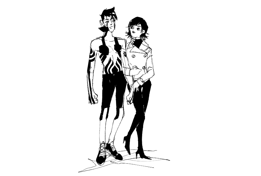 1boy, 1girl, body_markings, coat, demi-fiend, full-body_tattoo, full_body, greyscale