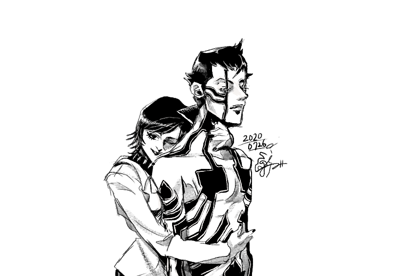 1boy, 1girl, body_markings, closed_eyes, coat, dated, demi-fiend, greyscale