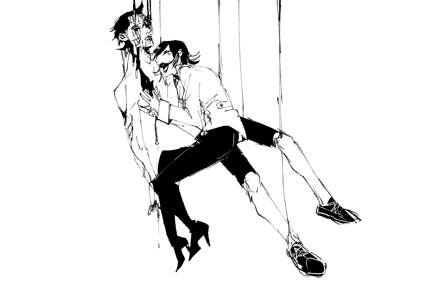 1boy, 1girl, body_markings, coat, demi-fiend, full_body, greyscale, hand_on_another's_chest