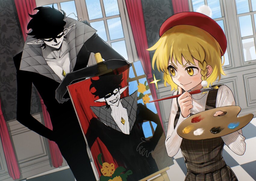 1boy, 1girl, 62kaeru, beret, black_bodysuit, black_hair, blonde_hair, bodysuit