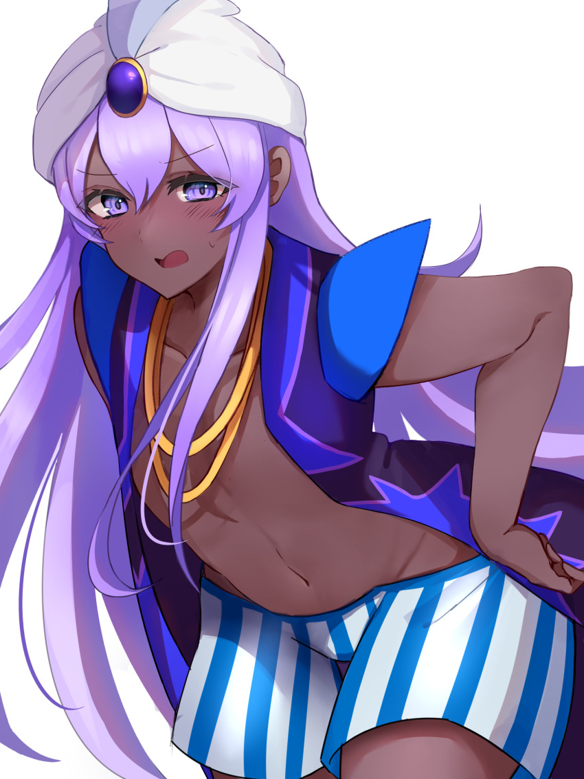 1boy, arabian_clothes, bent_over, bishounen, blush, boxers, chain, cookie_run, cookie_run:_ovenbreak, dark-skinned_male, dark_skin, eyelashes, gold_chain, hair_between_eyes, hand_on_own_hip, highres, humanization, jewelry, long_hair, looking_at_viewer, male_focus, male_underwear, mx_pyuta1, navel, necklace, open_mouth, purple_eyes, purple_hair, solo, standing, striped_clothes, tearing_up, trap, turban, twitter_username, underwear, very_long_hair, white_background, yogurt_cream_cookie