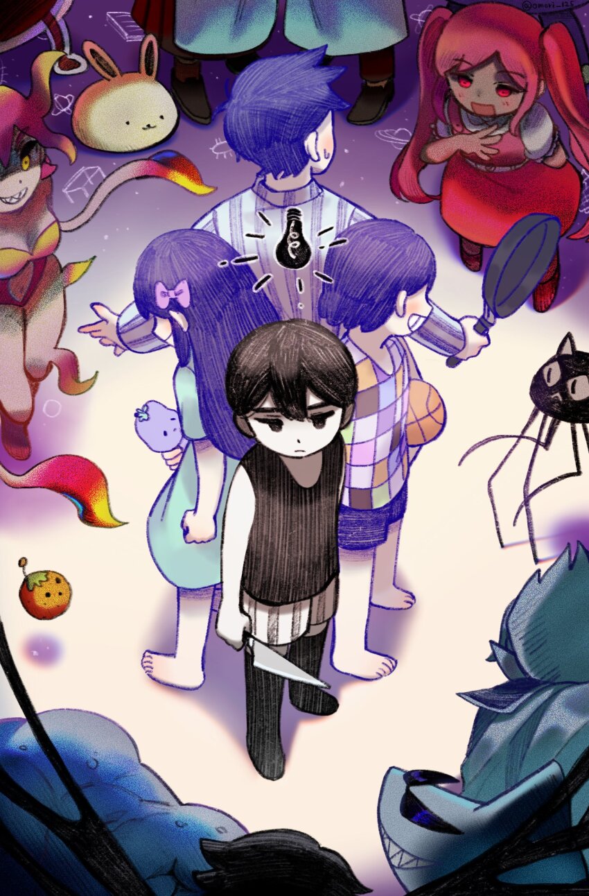 4girls, 6+boys, :d, apron, aubrey_(headspace)_(omori), aubrey_(omori), ball, bare_arms