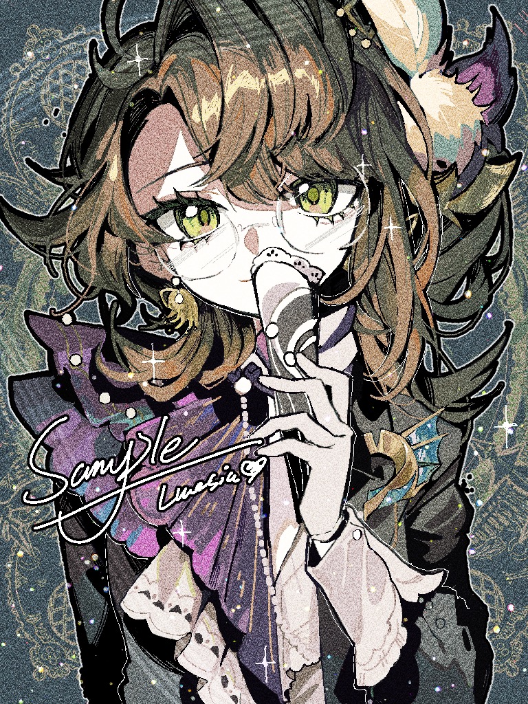 1girl, blue_background, brown_hair, feather_hair_ornament, feathers, film_grain, folded_fan, folding_fan, glasses, gloves, green_eyes, grey_jacket, hair_ornament, hand_fan, hand_up, holding, holding_fan, jacket, kakania_(reverse:1999), kakania_(seminars_on_serenity)_(reverse:1999), long_sleeves, looking_at_viewer, neckerchief, official_alternate_costume, purple_neckerchief, reverse:1999, round_eyewear, sample_watermark, solo, sparkle, upper_body, watermark, white_gloves, yuzu_(parasitic_910)