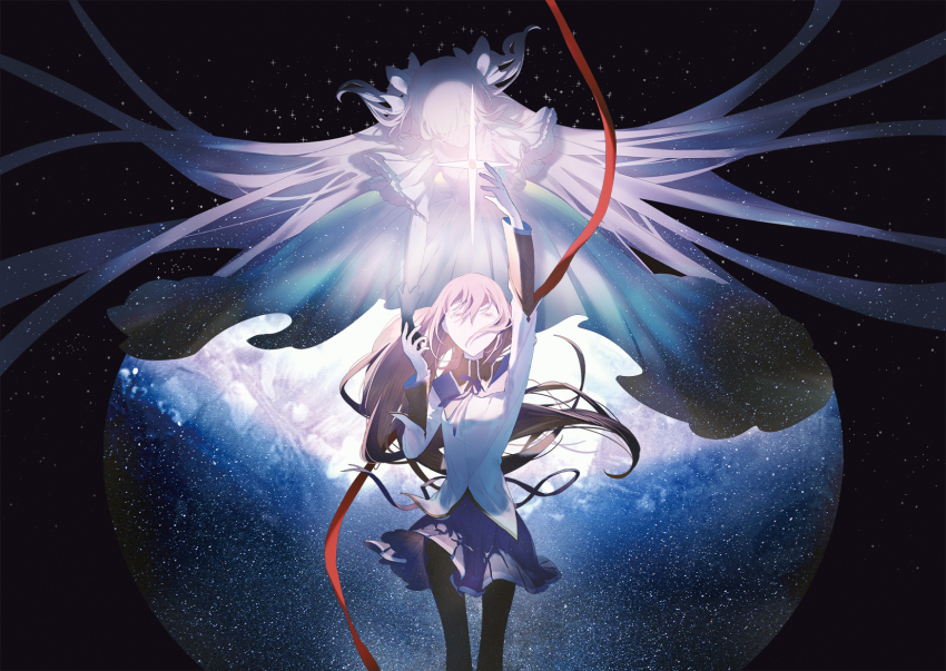 1girl, 2girls, akemi_homura, akemi_homura_(magical_girl), argyle_clothes, black_background, closed_eyes, dinned