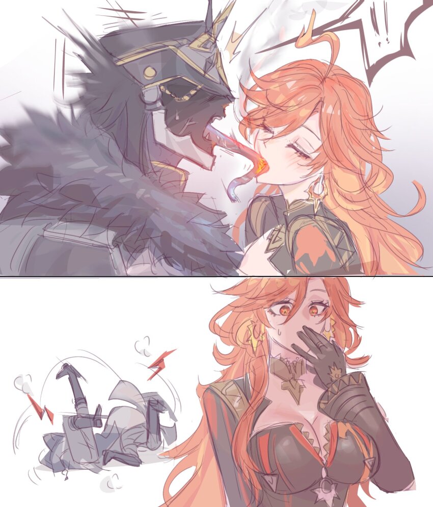 1boy, 1girl, :p, ahoge, biker_clothes, bikesuit, black_bodysuit, blush